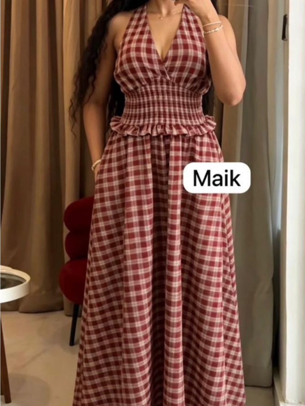 Red Plaid Halter Maxi Dress